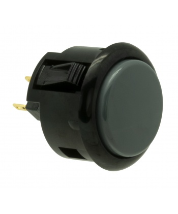 Sanwa 30 mm button. black and grey color, 3/4 view.