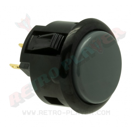Sanwa 30 mm button. black and grey color, 3/4 view.