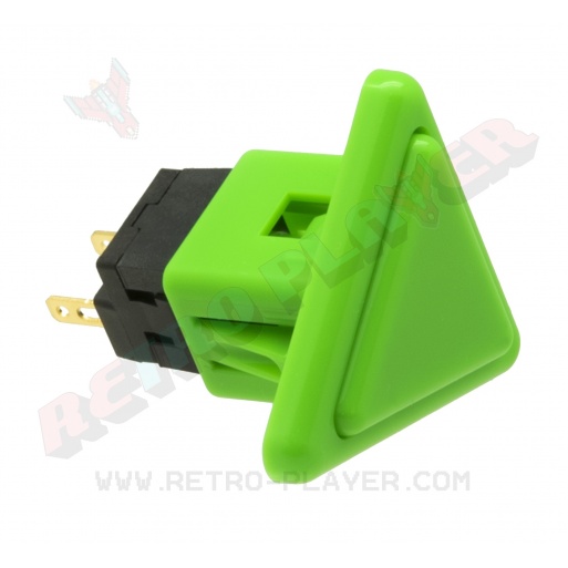 Sanwa triangle green button, 24 mm, 3/4 view.