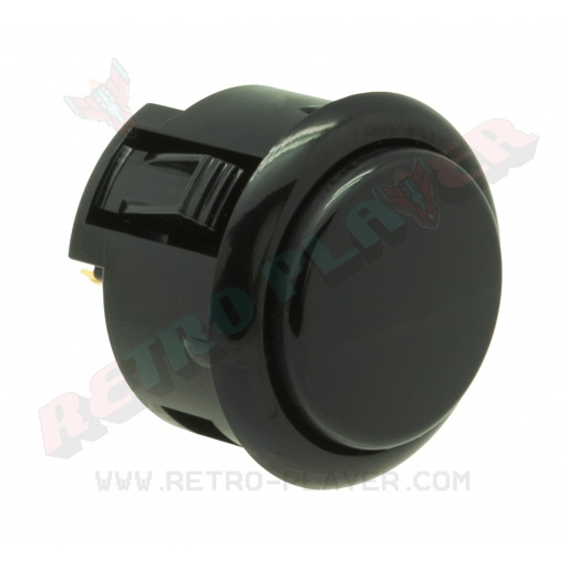 Sanwa 30 mm button. Black color, 3/4 view.