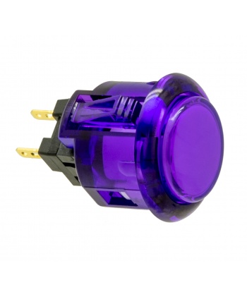 Sanwa 24 mm clear purple push button with clips. View from 3/4.