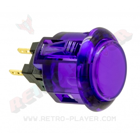 Sanwa 24 mm clear purple push button with clips. View from 3/4.