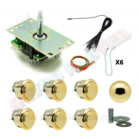 Pack Sanwa Metal Joystick and gold buttons, flat plate.