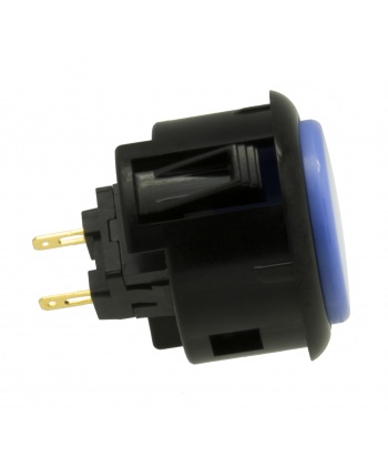 Sanwa 30 mm button. black and blue color, side view.