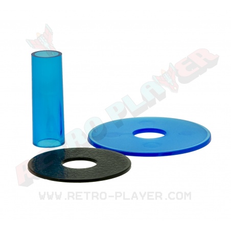 Sanwa blue transparent dust cover for joystick. Disassembled view.