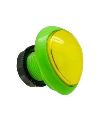 Green and yellow egg-shaped Sanwa button. View from 3/4.