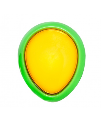 Green and yellow egg-shaped Sanwa button. illuminated view.