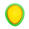 Green and yellow egg-shaped Sanwa button. illuminated view.