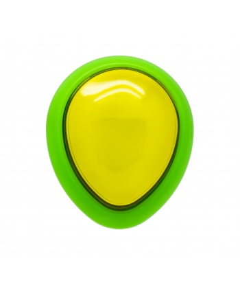 Green and yellow egg-shaped Sanwa button. Front view.