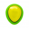 Green and yellow egg-shaped Sanwa button. Front view.