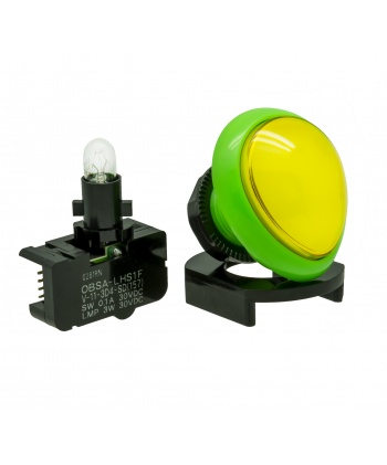 Green and yellow egg-shaped Sanwa button. Full view.