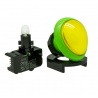 Green and yellow egg-shaped Sanwa button. Full view.