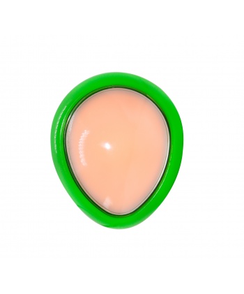 Green and white egg-shaped Sanwa button. illuminated view.