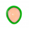 Green and white egg-shaped Sanwa button. illuminated view.