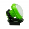 Green and white egg-shaped Sanwa button. Side view.