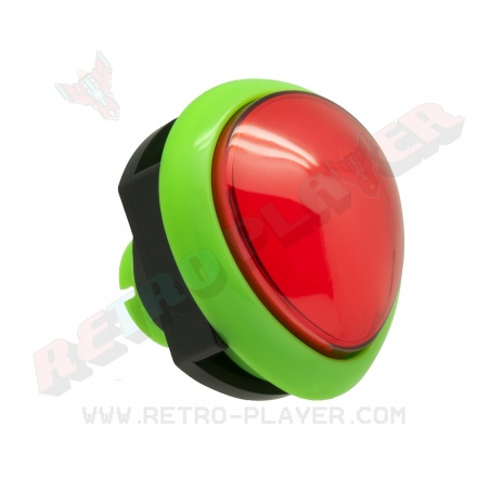 Green and red egg-shaped Sanwa button. View from 3/4.