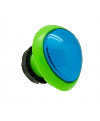 Green and blue egg-shaped Sanwa button. View from 3/4.