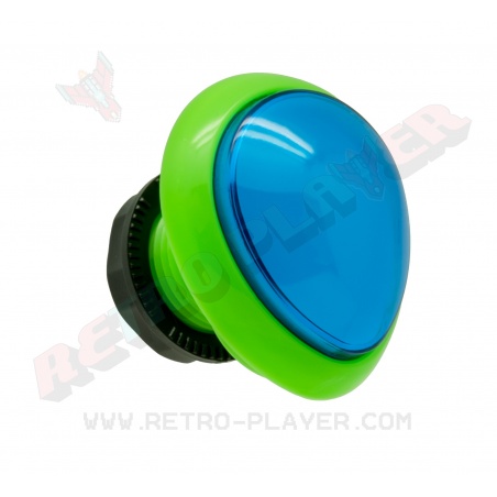 Green and blue egg-shaped Sanwa button. View from 3/4.