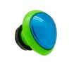 Green and blue egg-shaped Sanwa button. View from 3/4.