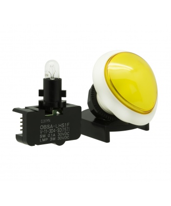 White and Yellow egg-shaped Sanwa button. Full view.