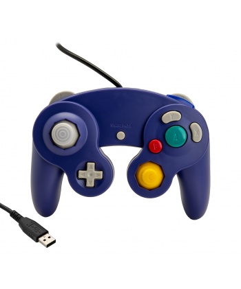 Blue Nintendo Gamecube USB controller. Front view.