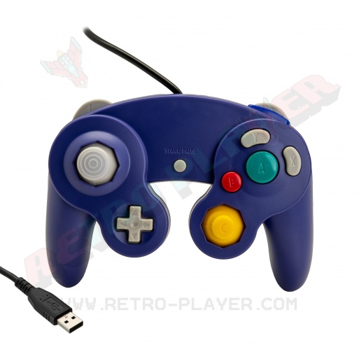 Blue Nintendo Gamecube USB controller. Front view.