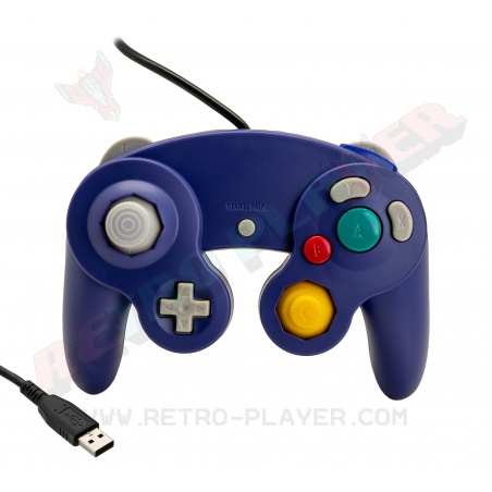 Blue Nintendo Gamecube USB controller. Front view.