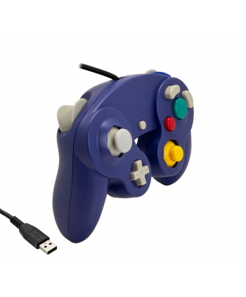 Blue Nintendo Gamecube USB controller. 3/4 view.