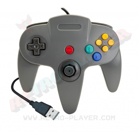 Manette N64 grise USB, vue de face.