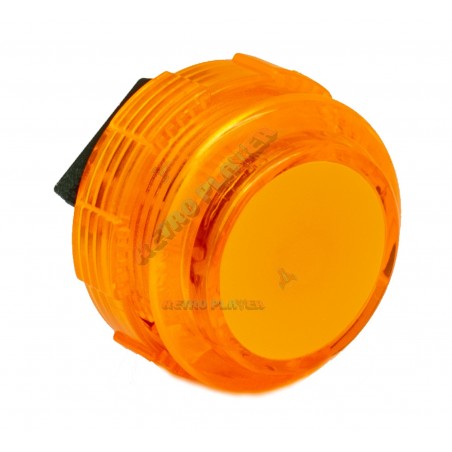 Orange Crown Samducksa button, 30 mm, translucent, 3/4 view.